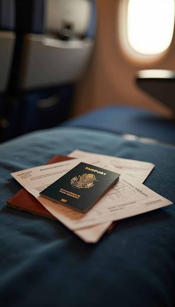 A passport resting on travel papers on an aircraft seat